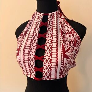 Red and White Patterned Halter Bikini Top